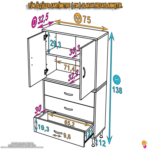 Modilayn İLKİM 75 x 138 x 32,5 cm' lik Kapak İçi Çift Raflı ve 3 Çekmeceli Düzen Harikası Dolap - 4