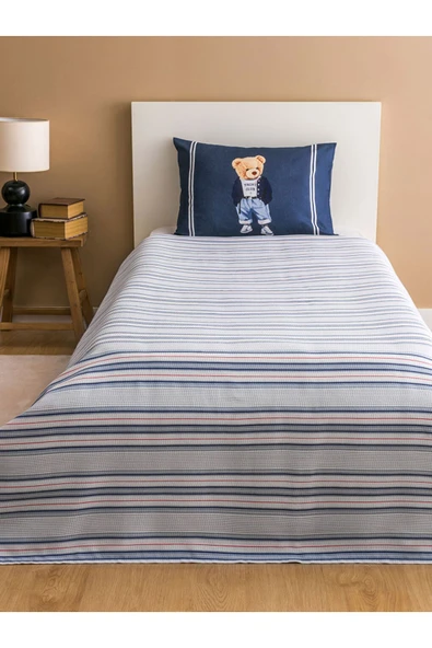 Lacivert Ayıcık Teddy Baskılı %100 Pamuklu Tek Kişilik Pike Seti 160 x 220 cm