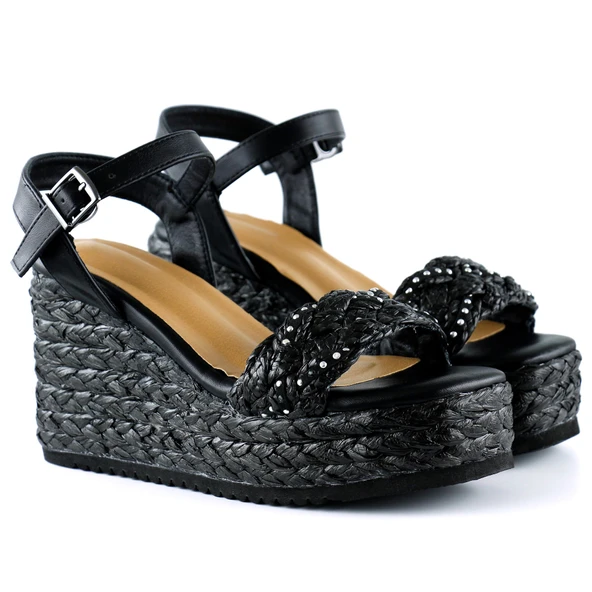 Erkan Saçmacı Siyah İnci İşlemeli Tokalı Hasır Örgü Görünümlü Dolgu Topuklu Sandalet - 4