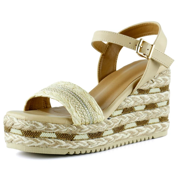 Erkan Saçmacı Bej Kristal Taşlı İncili Sim Nakışlı Tokalı Zikzak Örgü Jüt Dolgu Topuklu Sandalet