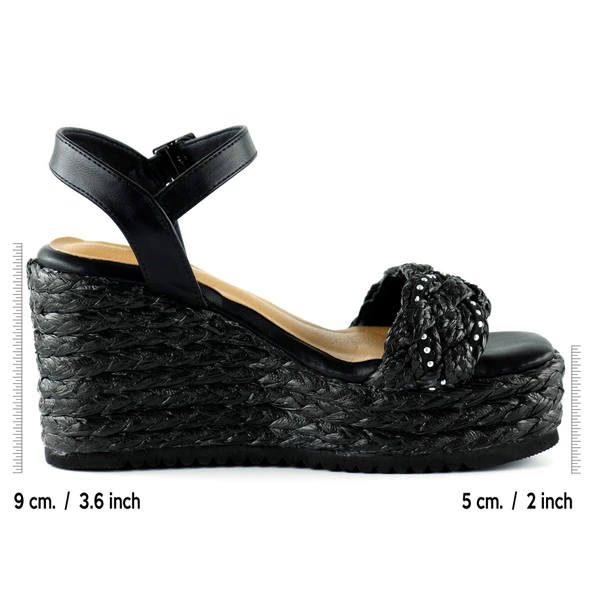 Erkan Saçmacı Siyah İnci İşlemeli Tokalı Hasır Örgü Görünümlü Dolgu Topuklu Sandalet - 2