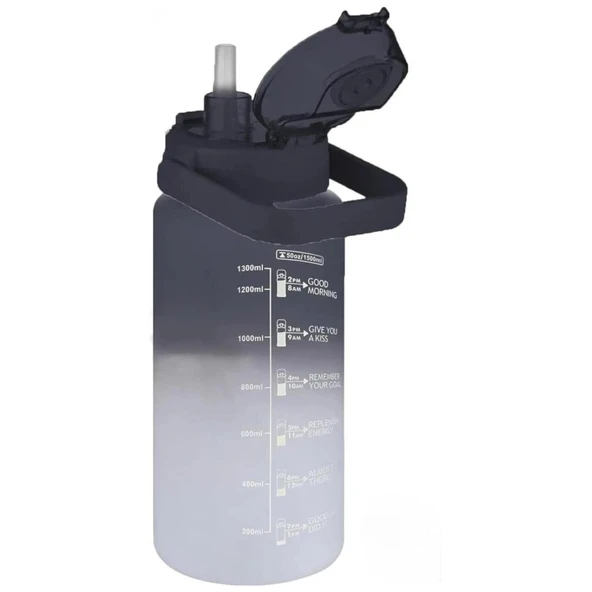 Vagonlife Siyah - Beyaz 1500ML Pipetli/Pipetsiz Kullanım Motivasyon Matarası - 2