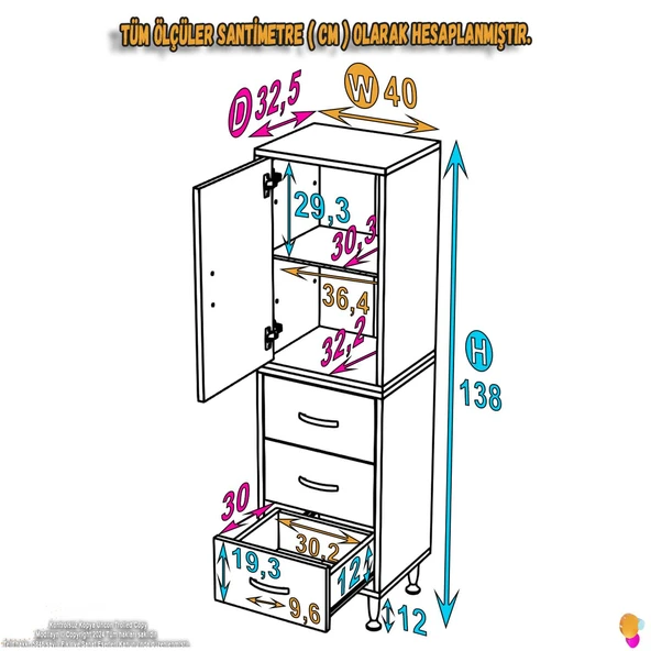Modilayn İLKİM 40 x 138 x 32,5 cm' lik Kapak İçi Çift Raflı ve 3 Çekmeceli Düzen Harikası Dolap - 4