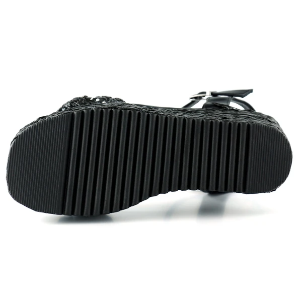 Erkan Saçmacı Siyah İnci İşlemeli Tokalı Hasır Örgü Görünümlü Dolgu Topuklu Sandalet - 5