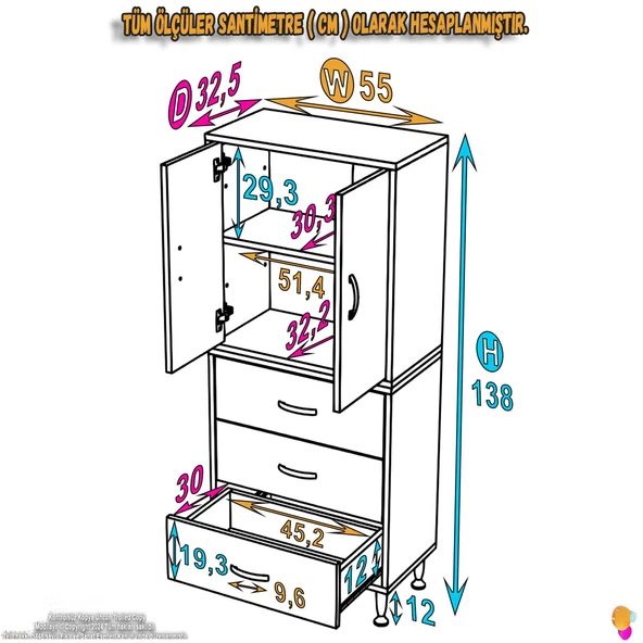 Modilayn İLKİM 55 x 138 x 32,5 cm' lik Kapak İçi Çift Raflı ve 3 Çekmeceli Düzen Harikası Dolap - 4