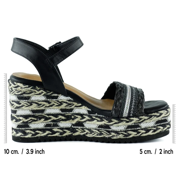 Erkan Saçmacı Siyah Kristal Taşlı İncili Sim Nakışlı Tokalı Zikzak Örgü Jüt Dolgu Topuklu Sandalet - 2