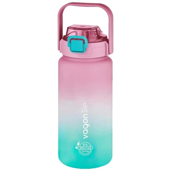 Vagonlife Pembe - Turkuaz 1500ML Pipetli/Pipetsiz Kullanım Motivasyon Matarası - 1