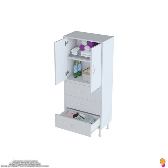 Modilayn İLKİM 55 x 138 x 32,5 cm' lik Kapak İçi Çift Raflı ve 3 Çekmeceli Düzen Harikası Dolap - 5