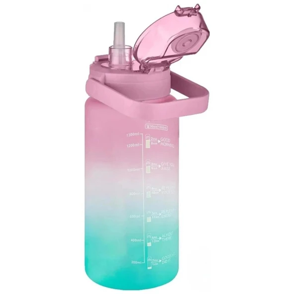 Vagonlife Pembe - Turkuaz 1500ML Pipetli/Pipetsiz Kullanım Motivasyon Matarası - 2