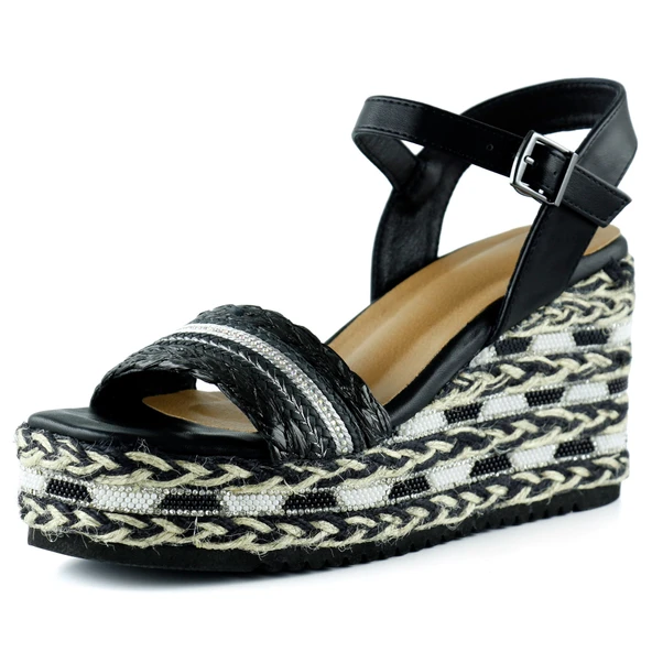 Erkan Saçmacı Siyah Kristal Taşlı İncili Sim Nakışlı Tokalı Zikzak Örgü Jüt Dolgu Topuklu Sandalet