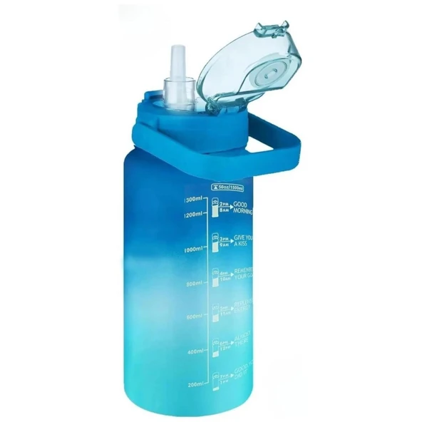 Vagonlife Mavi-Turkuaz 1500ML Pipetli/Pipetsiz Kullanım Motivasyon Matarası - 2