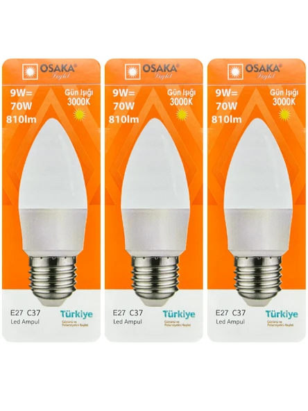 (3 Adet) Osaka 9W (70W) Sarı Işık (3000K) E27 Duylu (Kalın Duy) Led Mum Ampul ürün görseli 1
