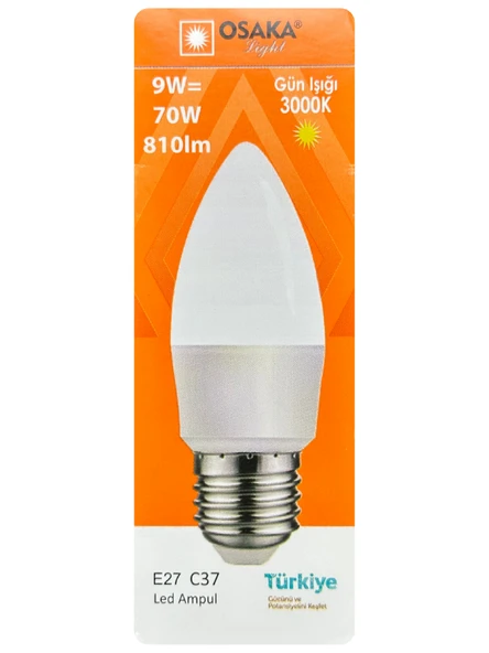 (1 Adet) Osaka 9W (70W) Sarı Işık (3000K) E27 Duylu (Kalın Duy) Led Mum Ampul