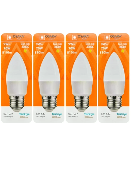 (4 Adet) Osaka 9W (70W) Sarı Işık (3000K) E27 Duylu (Kalın Duy) Led Mum Ampul