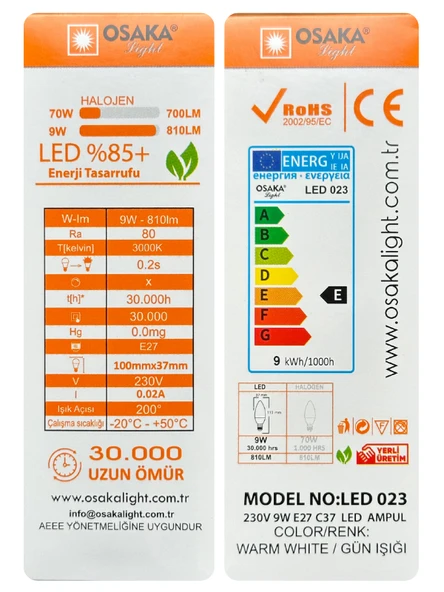 (1 Adet) Osaka 9W (70W) Sarı Işık (3000K) E27 Duylu (Kalın Duy) Led Mum Ampul - 3