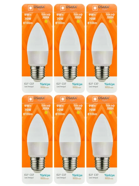 (6 Adet) Osaka 9W (70W) Sarı Işık (3000K) E27 Duylu (Kalın Duy) Led Mum Ampul