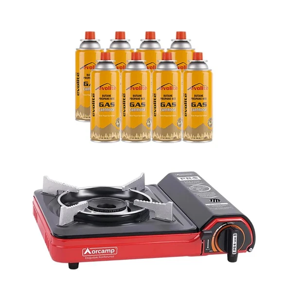 Orcamp Portatif Kamp Ocağı Kırmızı + 8 Evolite 227 gr Gaz Kartuşu EVO-002-A7