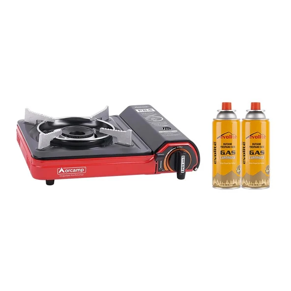 Orcamp Portatif Kamp Ocağı Kırmızı + 2 Evolite 227 gr Gaz Kartuşu EVO-002-A1