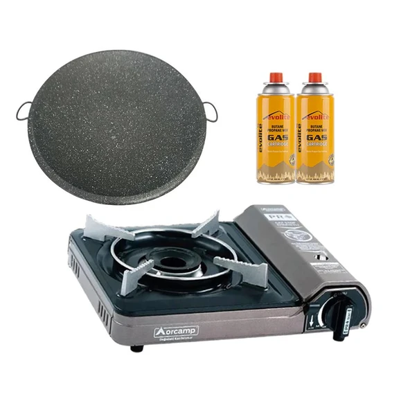 Orcamp Portatif Kamp Ocağı Gri + Granit Katmer + 2 Evolite 227 gr Gaz Kartuşu EVO-001-E1