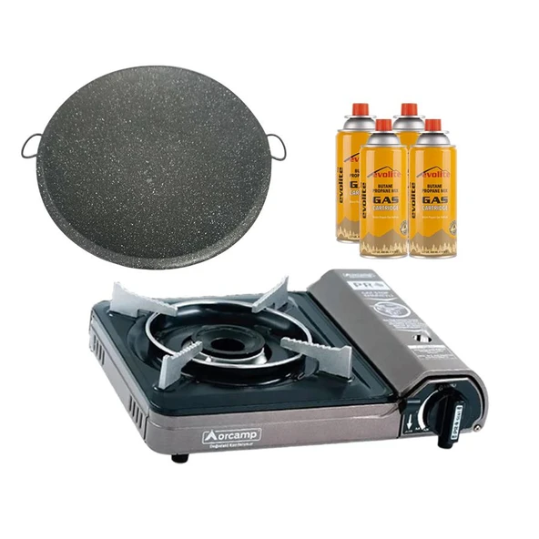 Orcamp Portatif Kamp Ocağı Gri + Granit Katmer + 4 Evolite 227 gr Gaz Kartuşu EVO-001-E3