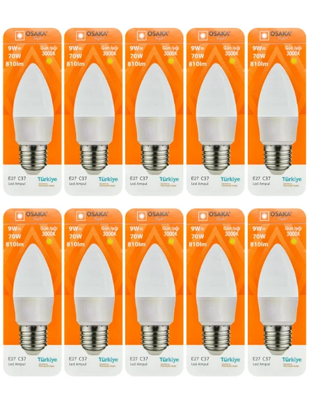 (10 Adet) Osaka 9W (70W) Sarı Işık (3000K) E27 Duylu (Kalın Duy) Led Mum Ampul