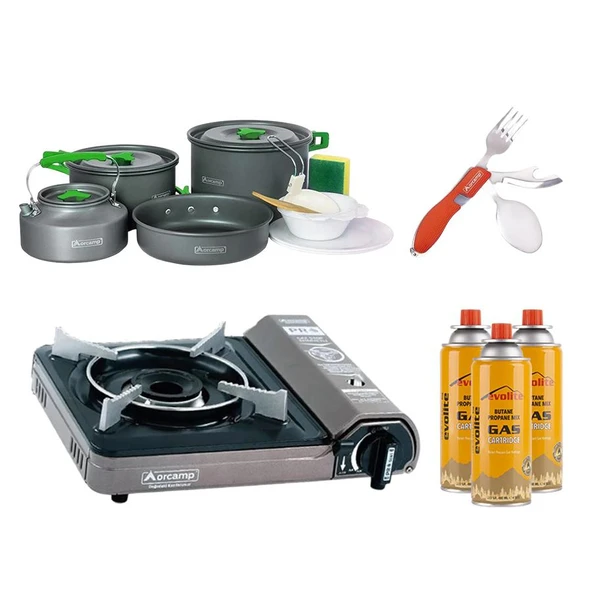 Orcamp Portatif Kamp Ocağı Gri + 4'lü Tencere Seti + ÇKB(OUT-1350-K) + 3 Evolite 227 gr Gaz Kartuşu EVO-001-D1