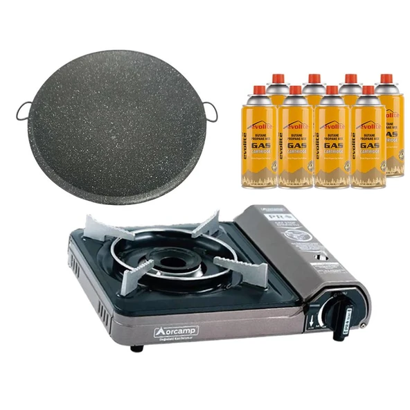 Orcamp Portatif Kamp Ocağı Gri + Granit Katmer + 8 Evolite 227 gr Gaz Kartuşu EVO-001-E7