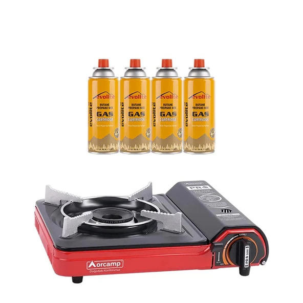 Orcamp Portatif Kamp Ocağı Kırmızı + 4 Evolite 227 gr Gaz Kartuşu EVO-002-A3