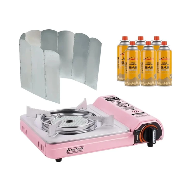 Orcamp Seramik Pro Portatif Kamp Ocağı Pembe + 9 Kanatlı Rüzgarlık + 6 Evolite 227 gr Gaz Kartuşu EVO-008-G5