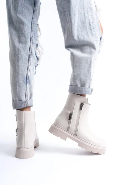 Menta Bej Cilt Fermuar Aksesuarlı Bot - Resim 3