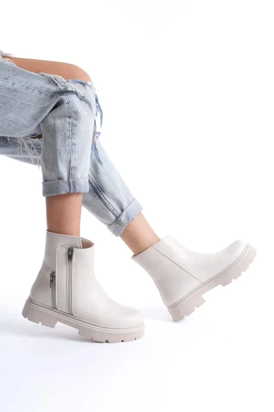 Menta Bej Cilt Fermuar Aksesuarlı Bot - Resim 2