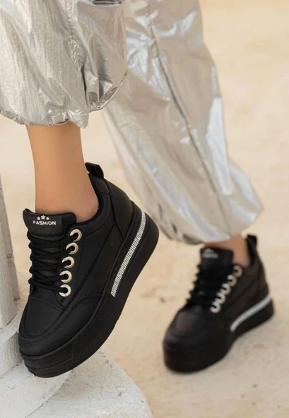 Lulu Siyah Cilt Bağcıklı Spor Ayakkabı - Resim 3