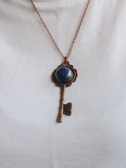 Doğal Taş Lapis Doğal Taşlı Anahtar Model Kadın Antik Kolye euk35lps - Resim 3