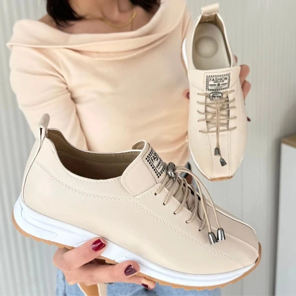 Monya Bej Cilt Bağcıklı Spor Ayakkabı - 4