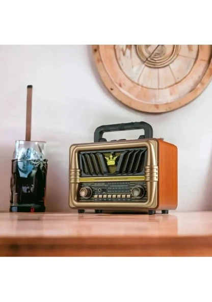 NS-8077 Büyük Boy Telefon Tutma Aparatlı Retro Ahşap Tasarım Bluetooth Hoparlörlü Radyo Fm/am - Resim 3