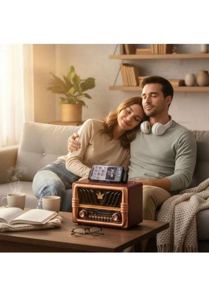 NS-8077 Büyük Boy Telefon Tutma Aparatlı Retro Ahşap Tasarım Bluetooth Hoparlörlü Radyo Fm/am - Resim 2