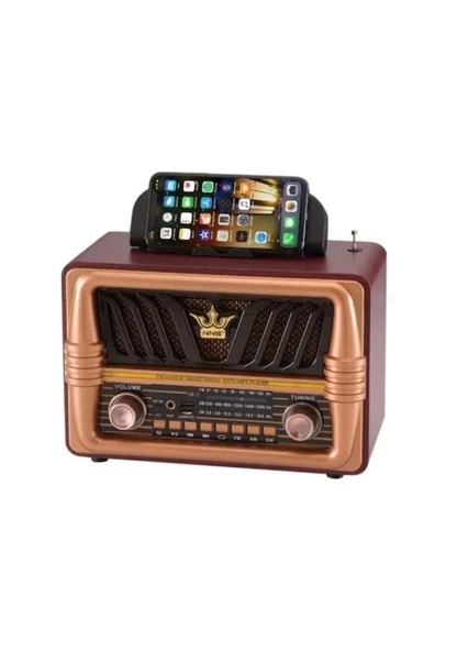 NS-8077 Büyük Boy Telefon Tutma Aparatlı Retro Ahşap Tasarım Bluetooth Hoparlörlü Radyo Fm/am ürün görseli