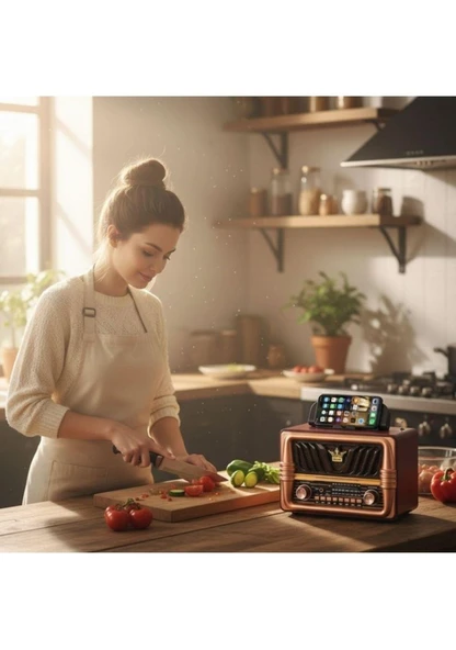 NS-8077 Büyük Boy Telefon Tutma Aparatlı Retro Ahşap Tasarım Bluetooth Hoparlörlü Radyo Fm/am - Resim 4