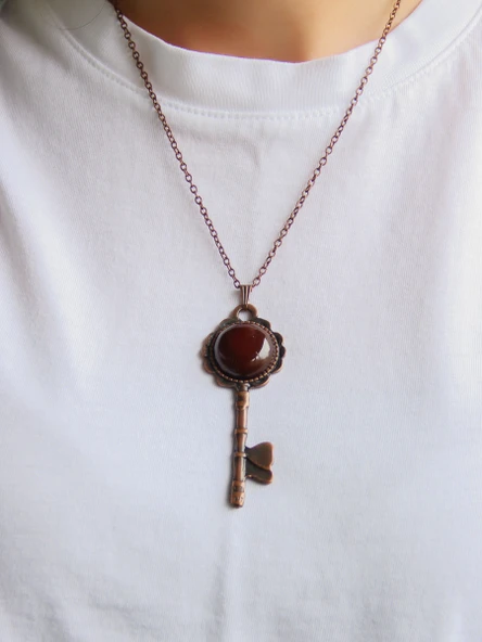 Doğal Taş Akik Doğal Taşlı Anahtar Model Kadın Antik Kolye euk35a - Resim 2