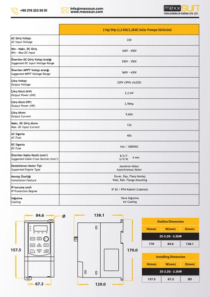 Mexxsun 2Hp/3Hp (1,5kW/2,2 kW) Solar Pompa Sürücüsü (3x220) - Resim 6