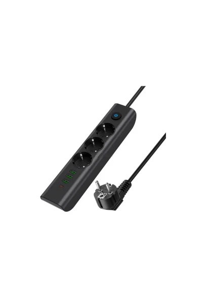 Termal Akım Korumalı Isıya Dayanıklı 3 lü Priz, 3 Usb, 1 Type-c Giriş Kablolu Priz