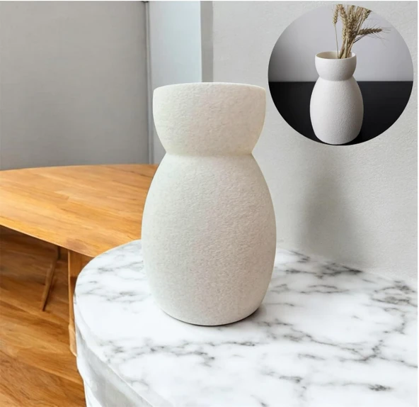 Bohem Tarzda Dokulu Seramik Görünümlü Vazo / Minimalist Ve Doğal Dokulu(Biyoplastik)