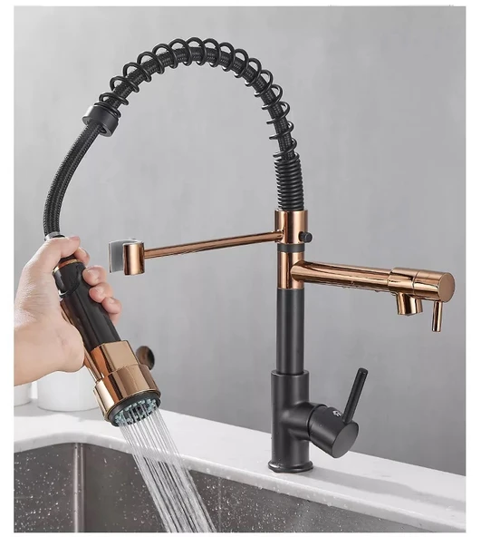 Siyah Gold Yaylı Fiskiyeli Mutfak Lavabo Evye Bataryası