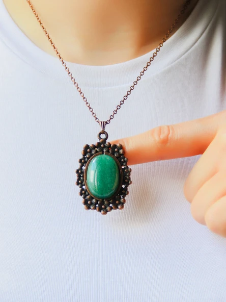 Doğal Taş Yeşil Akik Doğal Taşlı Çiçek Desenli Otantik Kadın Kolye 45 Cm Zincirli euk31ya