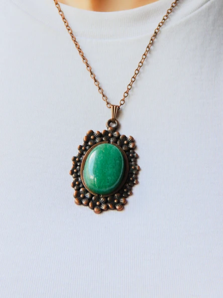 Doğal Taş Yeşil Akik Doğal Taşlı Çiçek Desenli Otantik Kadın Kolye 45 Cm Zincirli euk31ya - Resim 2