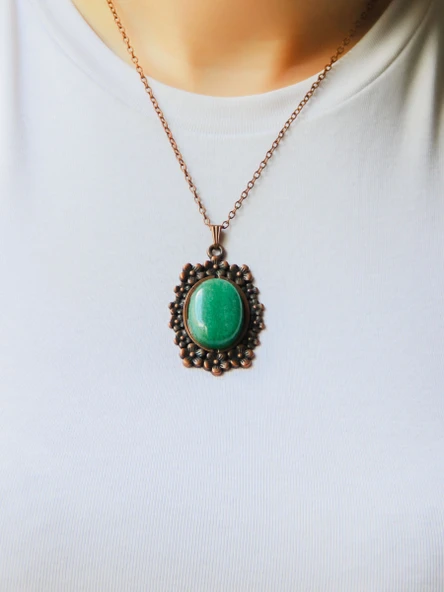 Doğal Taş Yeşil Akik Doğal Taşlı Çiçek Desenli Otantik Kadın Kolye 45 Cm Zincirli euk31ya - Resim 3