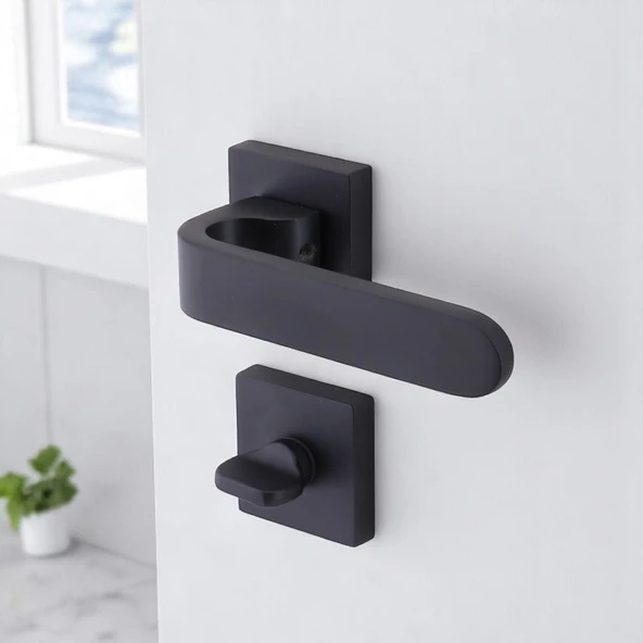 Ay WC - BANYO Siyah Kapı Kolu Kare Rozetli Ev Kapı Kolları Sağa Sola Uygun Kilitlenebilir 1 Takım - 7