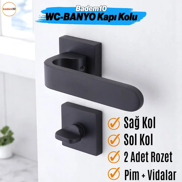 Ay WC - BANYO Siyah Kapı Kolu Kare Rozetli Ev Kapı Kolları Sağa Sola Uygun Kilitlenebilir 1 Takım