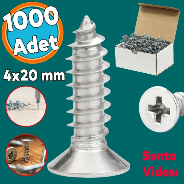 Sunta Vidası Sivri Uçlu Ahşap Tahta Ağaç Mobilya Ayak Kulp Vidası 4x20 Mm Paket 1000 Adet