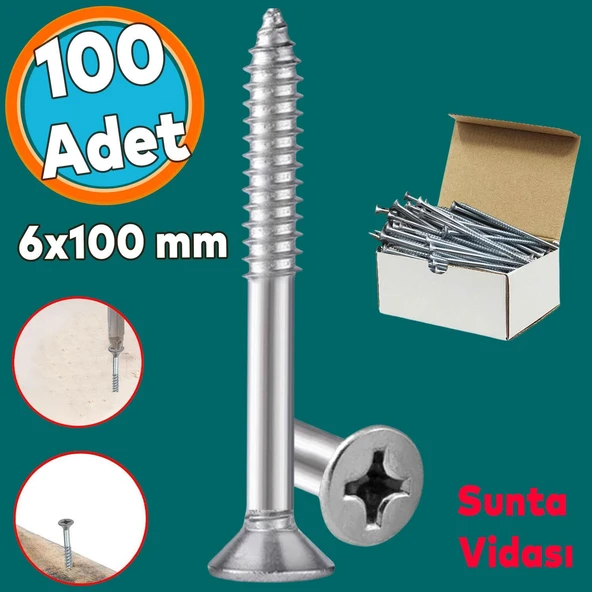 Sunta Vidası Sivri Uçlu Ahşap Tahta Ağaç Mobilya Ayak Kulp Vidası 6x100 Mm Paket 100 Adet